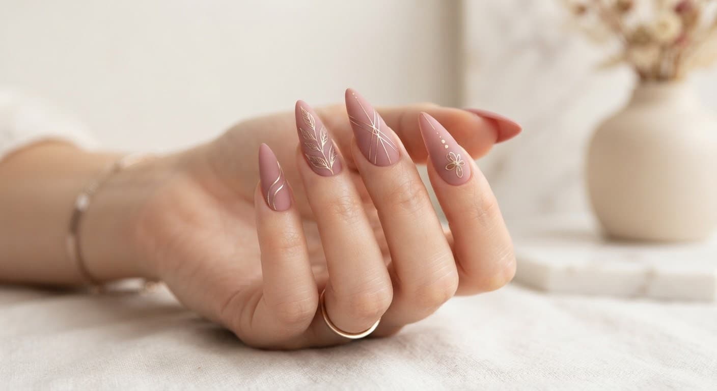 Close up of elegant, elongated stiletto nails featuring a matte dusty rose finish with intricate, ultra-thin metallic gold line art. Minimalist and chic aesthetic.
